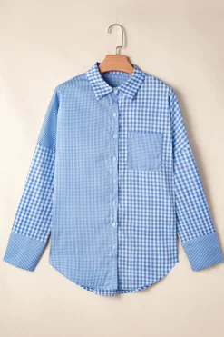 Outlet Dear-Lover Plaid Patchwork Button up Long Sleeve Shirt Sky Blue Stripe