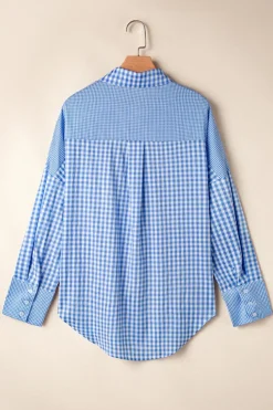 Outlet Dear-Lover Plaid Patchwork Button up Long Sleeve Shirt Sky Blue Stripe