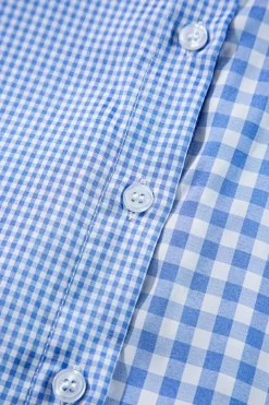 Outlet Dear-Lover Plaid Patchwork Button up Long Sleeve Shirt Sky Blue Stripe