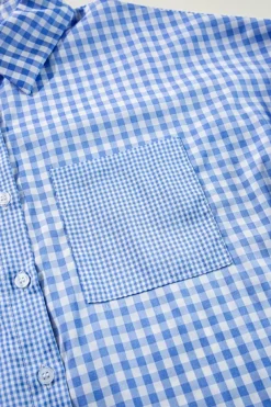 Outlet Dear-Lover Plaid Patchwork Button up Long Sleeve Shirt Sky Blue Stripe