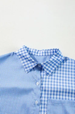 Outlet Dear-Lover Plaid Patchwork Button up Long Sleeve Shirt Sky Blue Stripe