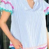 New Dear-Lover Ricrac Trim Split Neck Striped Ruffled Sleeve Blouse Sky Blue Stripe