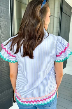 New Dear-Lover Ricrac Trim Split Neck Striped Ruffled Sleeve Blouse Sky Blue Stripe