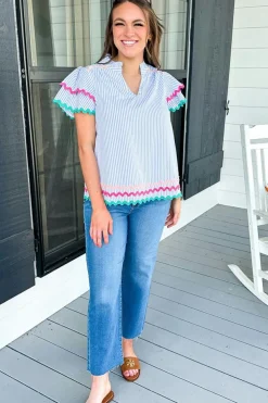 New Dear-Lover Ricrac Trim Split Neck Striped Ruffled Sleeve Blouse Sky Blue Stripe