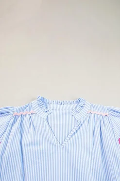 New Dear-Lover Ricrac Trim Split Neck Striped Ruffled Sleeve Blouse Sky Blue Stripe