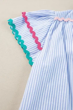 New Dear-Lover Ricrac Trim Split Neck Striped Ruffled Sleeve Blouse Sky Blue Stripe