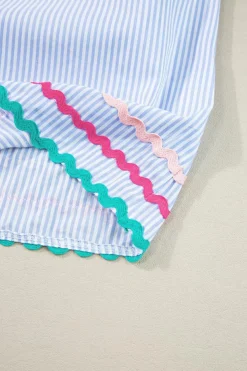 New Dear-Lover Ricrac Trim Split Neck Striped Ruffled Sleeve Blouse Sky Blue Stripe