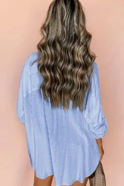 Clearance Dear-Lover Roll-tab Sleeve Pocketed Long Shirt Sky Blue Stripe