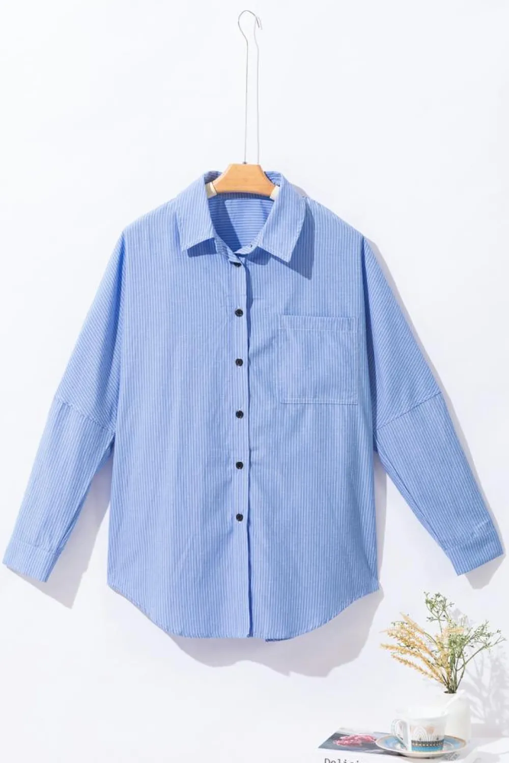 Clearance Dear-Lover Roll-tab Sleeve Pocketed Long Shirt Sky Blue Stripe