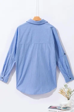 Clearance Dear-Lover Roll-tab Sleeve Pocketed Long Shirt Sky Blue Stripe