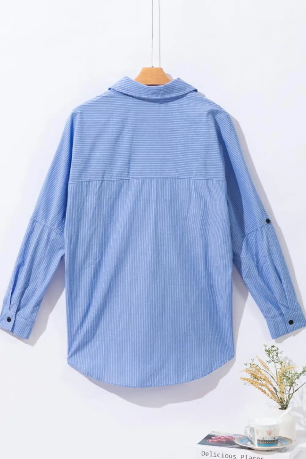 Clearance Dear-Lover Roll-tab Sleeve Pocketed Long Shirt Sky Blue Stripe