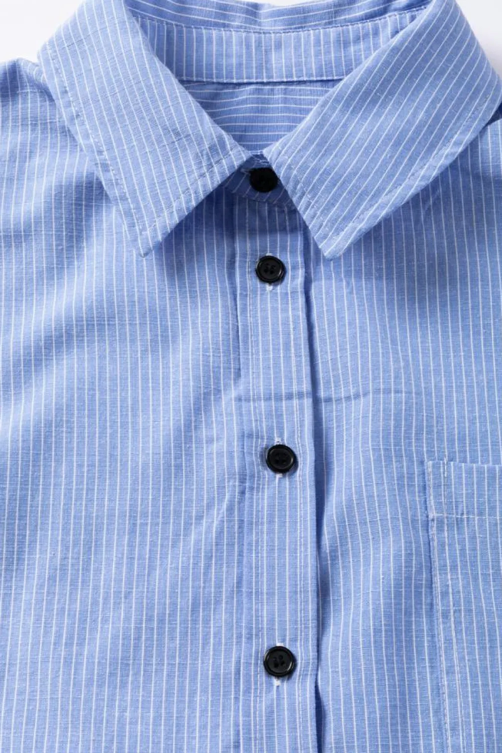Clearance Dear-Lover Roll-tab Sleeve Pocketed Long Shirt Sky Blue Stripe