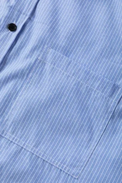 Clearance Dear-Lover Roll-tab Sleeve Pocketed Long Shirt Sky Blue Stripe