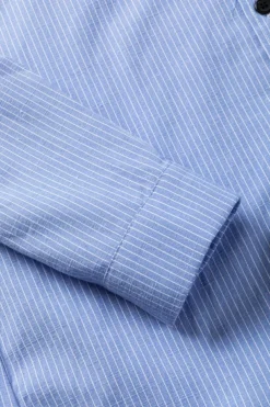 Clearance Dear-Lover Roll-tab Sleeve Pocketed Long Shirt Sky Blue Stripe
