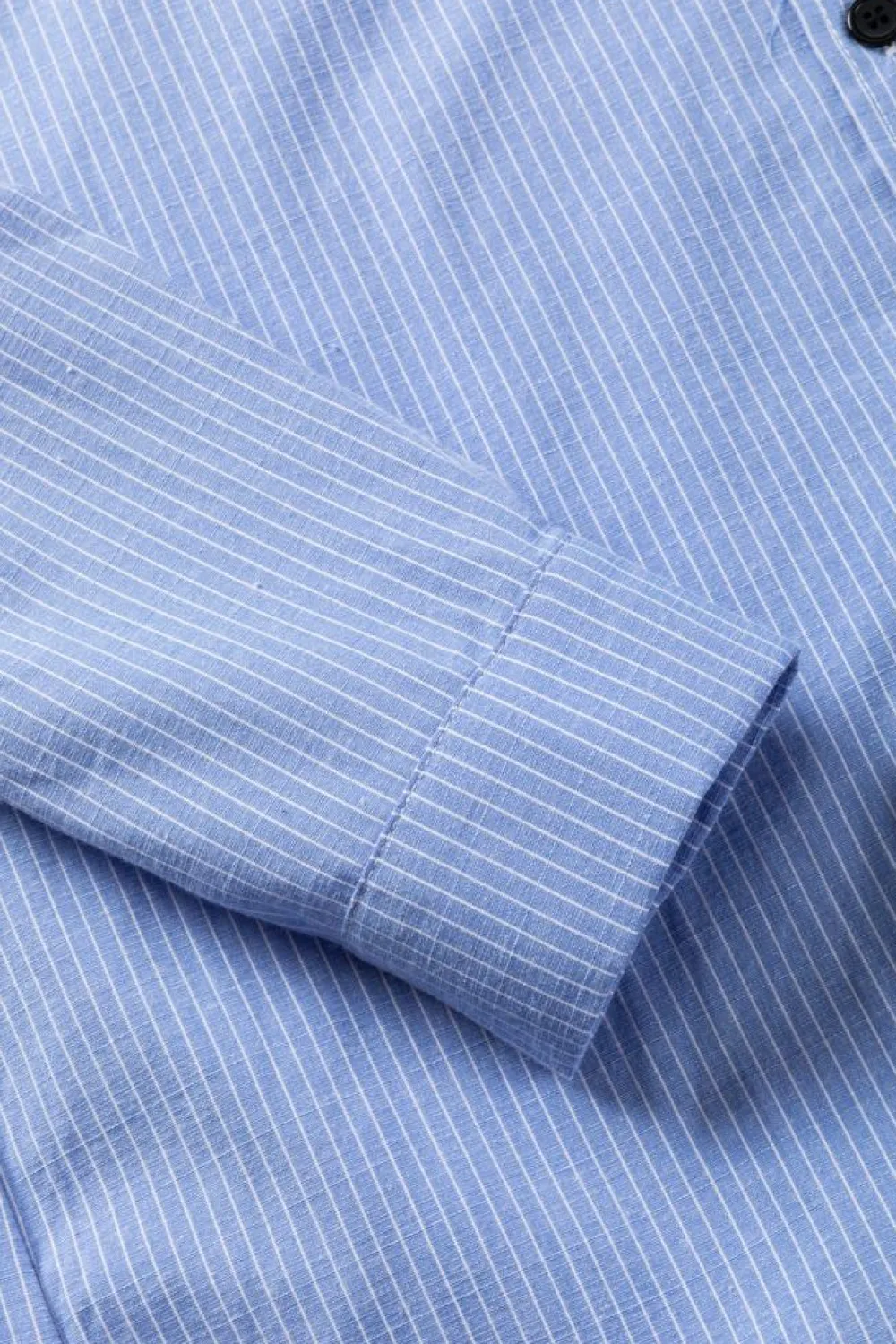 Clearance Dear-Lover Roll-tab Sleeve Pocketed Long Shirt Sky Blue Stripe