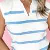 Discount Dear-Lover Split V Neck Collared Ribbed Sweater Vest Sky Blue Stripe