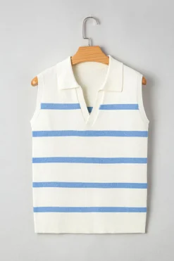 Discount Dear-Lover Split V Neck Collared Ribbed Sweater Vest Sky Blue Stripe