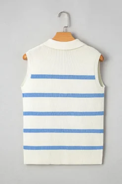 Discount Dear-Lover Split V Neck Collared Ribbed Sweater Vest Sky Blue Stripe
