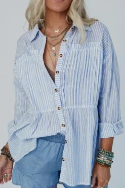 Hot Dear-Lover Striped Buttoned up Long Sleeve Shirt Sky Blue Stripe