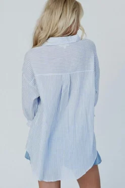 Hot Dear-Lover Striped Buttoned up Long Sleeve Shirt Sky Blue Stripe