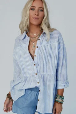 Hot Dear-Lover Striped Buttoned up Long Sleeve Shirt Sky Blue Stripe