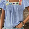 Sale Dear-Lover Textured Ruffle Short Sleeve Boho Detail Square Neck Blouse Sky Blue Stripe