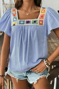 Sale Dear-Lover Textured Ruffle Short Sleeve Boho Detail Square Neck Blouse Sky Blue Stripe