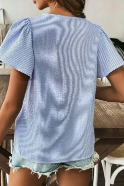 Sale Dear-Lover Textured Ruffle Short Sleeve Boho Detail Square Neck Blouse Sky Blue Stripe