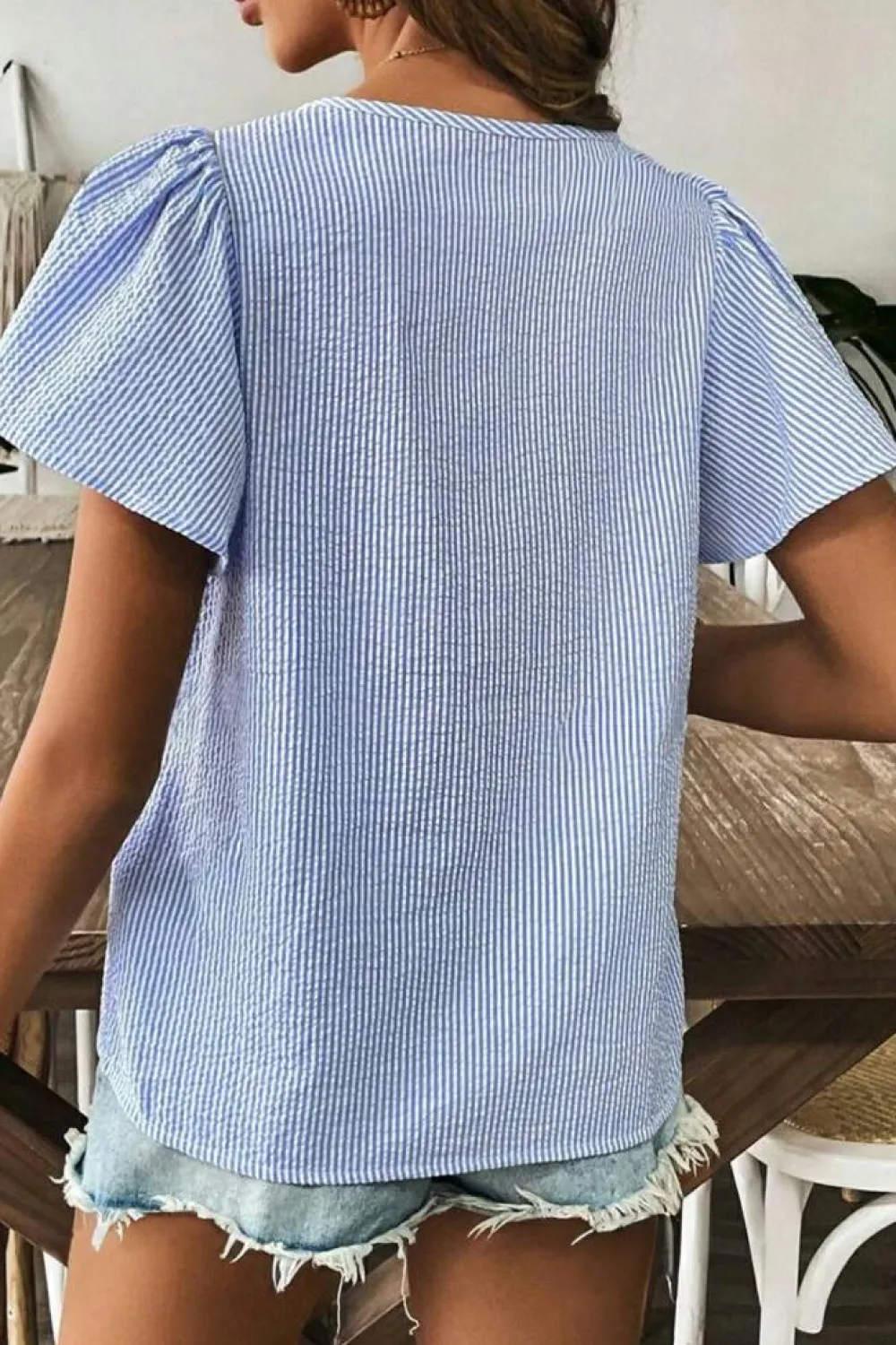 Sale Dear-Lover Textured Ruffle Short Sleeve Boho Detail Square Neck Blouse Sky Blue Stripe