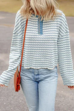 Online Dear-Lover Textured Frilly Trim Buttons Henley Long Sleeve Top Sky Blue Stripe