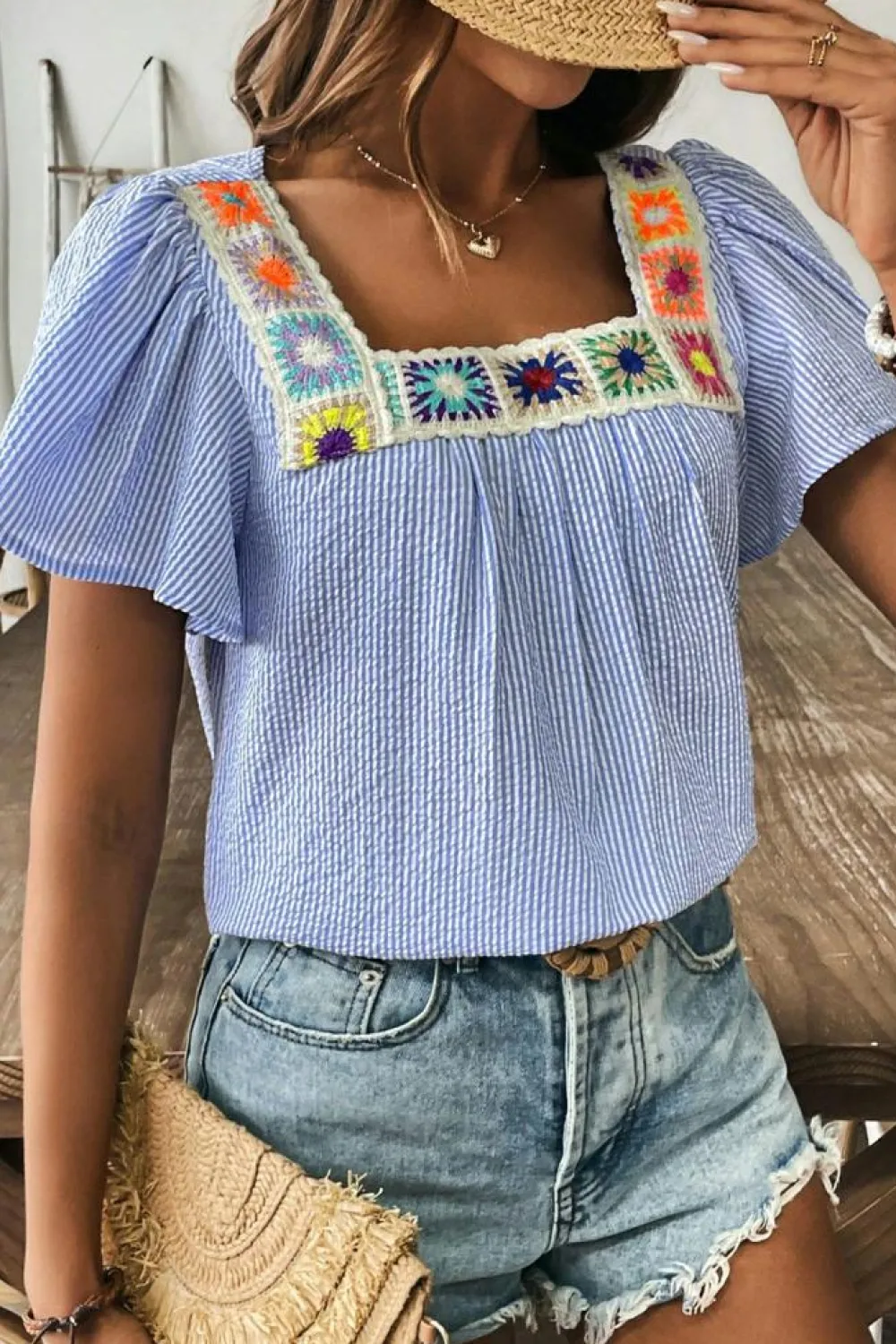 Sale Dear-Lover Textured Ruffle Short Sleeve Boho Detail Square Neck Blouse Sky Blue Stripe