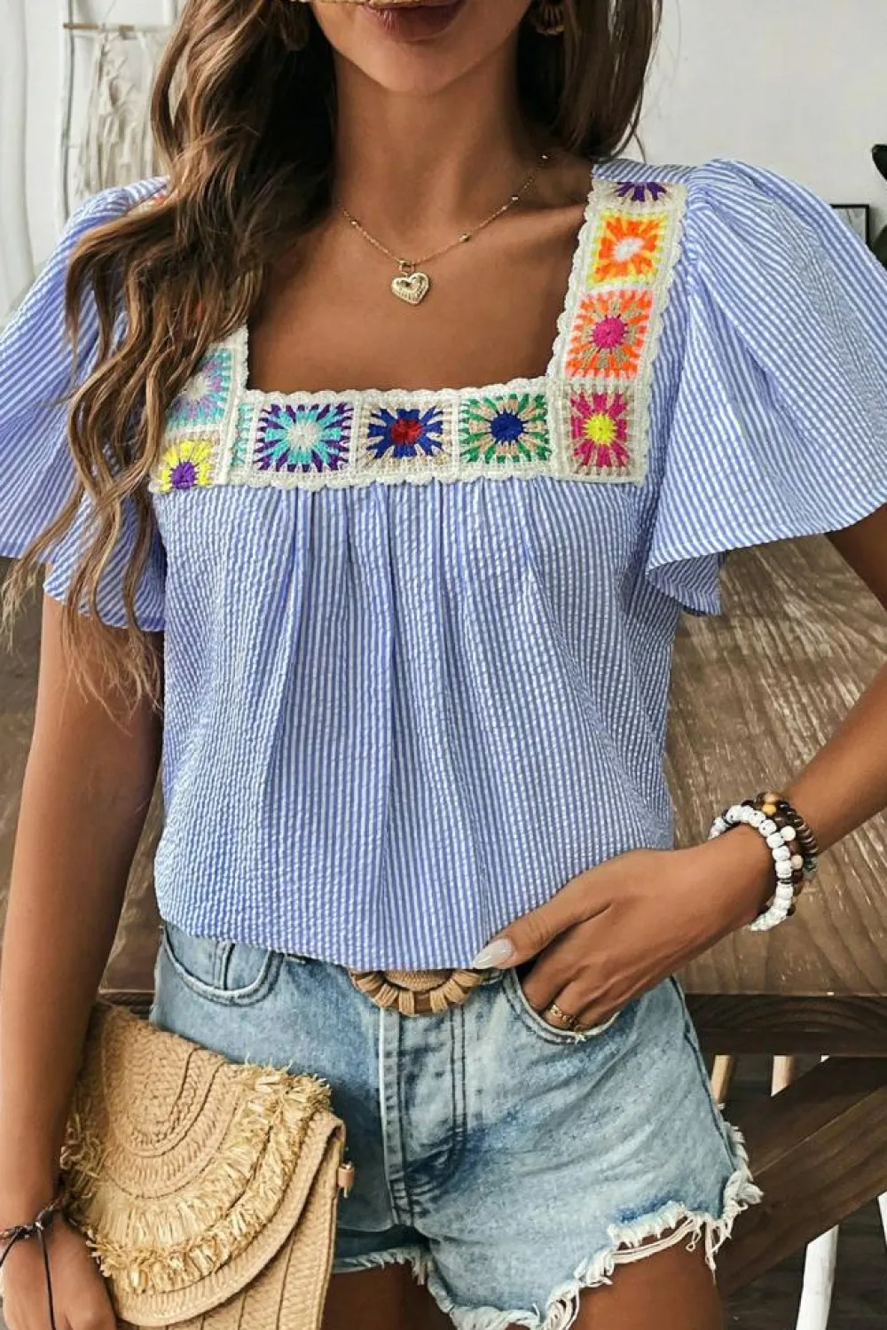 Sale Dear-Lover Textured Ruffle Short Sleeve Boho Detail Square Neck Blouse Sky Blue Stripe