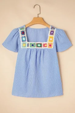 Sale Dear-Lover Textured Ruffle Short Sleeve Boho Detail Square Neck Blouse Sky Blue Stripe