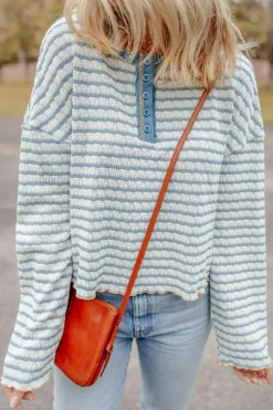 Online Dear-Lover Textured Frilly Trim Buttons Henley Long Sleeve Top Sky Blue Stripe