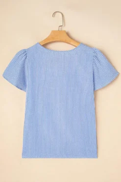 Sale Dear-Lover Textured Ruffle Short Sleeve Boho Detail Square Neck Blouse Sky Blue Stripe