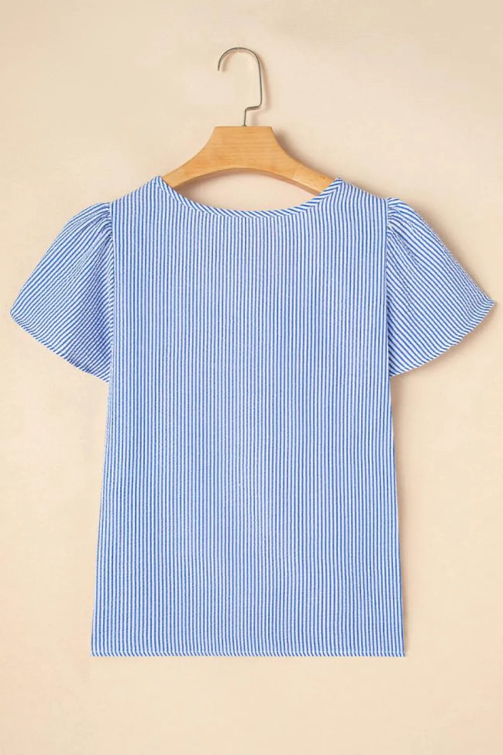 Sale Dear-Lover Textured Ruffle Short Sleeve Boho Detail Square Neck Blouse Sky Blue Stripe