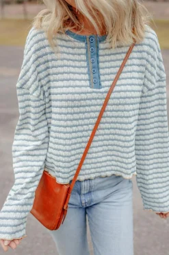 Online Dear-Lover Textured Frilly Trim Buttons Henley Long Sleeve Top Sky Blue Stripe