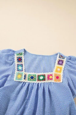 Sale Dear-Lover Textured Ruffle Short Sleeve Boho Detail Square Neck Blouse Sky Blue Stripe