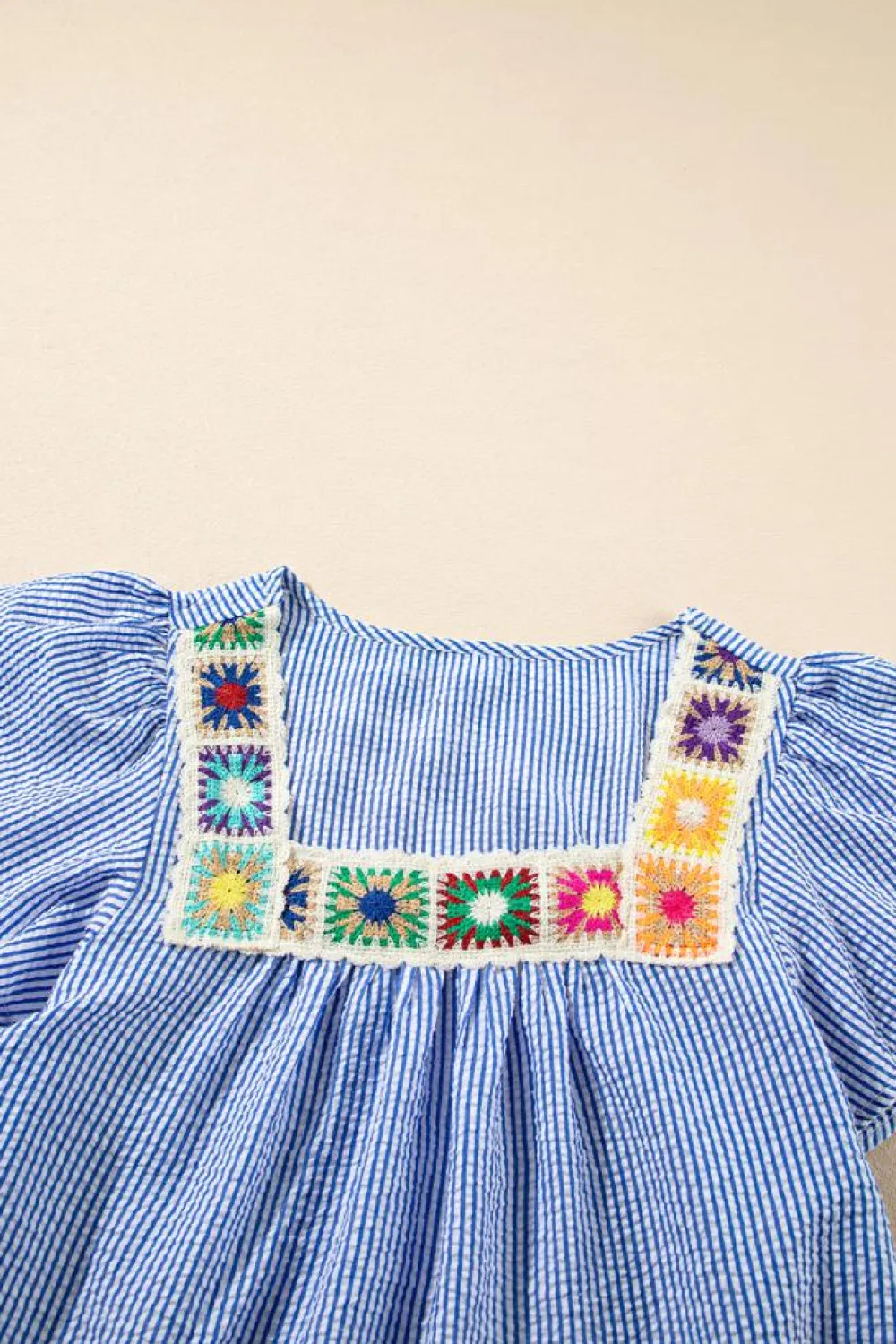 Sale Dear-Lover Textured Ruffle Short Sleeve Boho Detail Square Neck Blouse Sky Blue Stripe