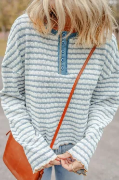 Online Dear-Lover Textured Frilly Trim Buttons Henley Long Sleeve Top Sky Blue Stripe