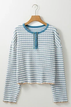 Online Dear-Lover Textured Frilly Trim Buttons Henley Long Sleeve Top Sky Blue Stripe