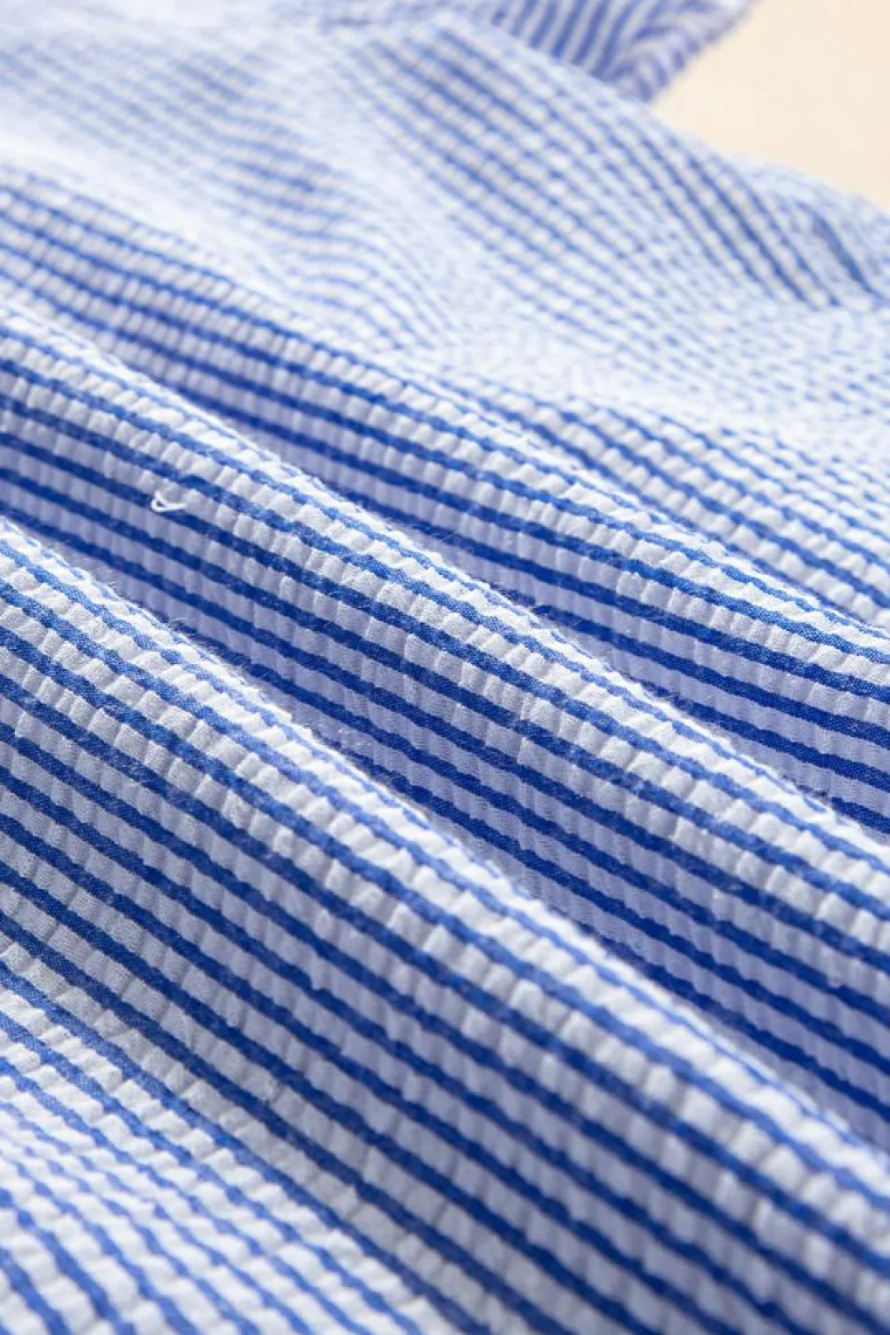 Sale Dear-Lover Textured Ruffle Short Sleeve Boho Detail Square Neck Blouse Sky Blue Stripe