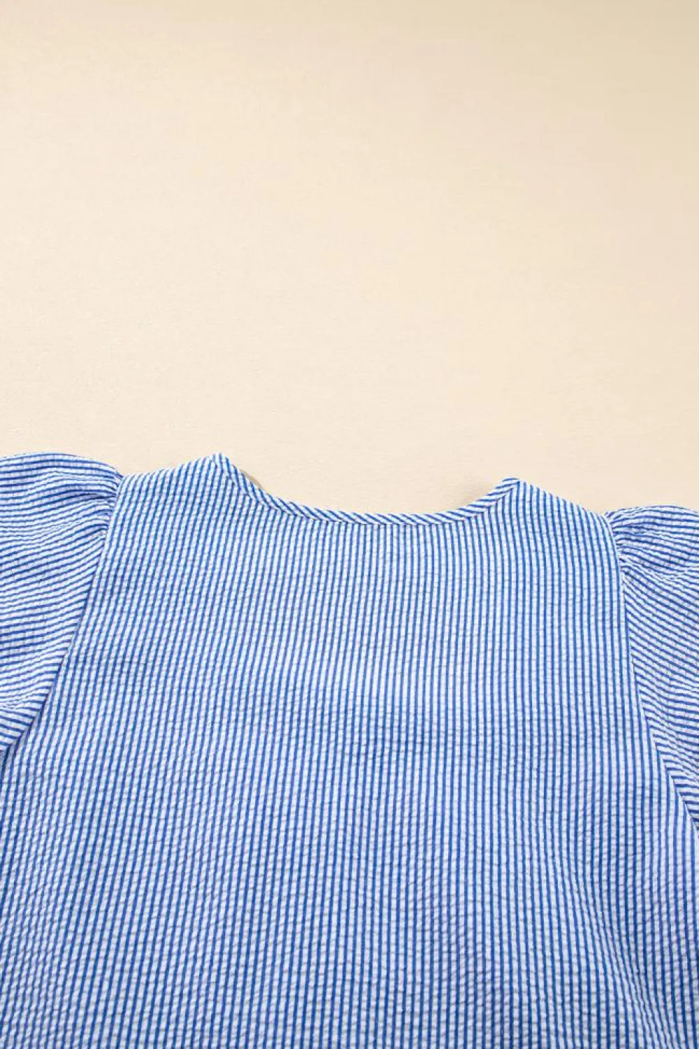 Sale Dear-Lover Textured Ruffle Short Sleeve Boho Detail Square Neck Blouse Sky Blue Stripe