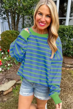 Hot Dear-Lover Trimmed Round Neck Drop Shoulder Loose Sweater Sky Blue Stripe