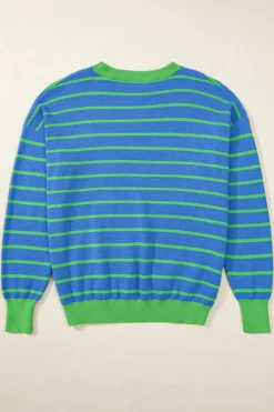 Hot Dear-Lover Trimmed Round Neck Drop Shoulder Loose Sweater Sky Blue Stripe