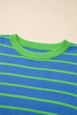 Hot Dear-Lover Trimmed Round Neck Drop Shoulder Loose Sweater Sky Blue Stripe
