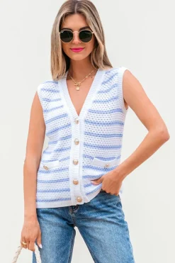 Discount Dear-Lover V Neck Gold Buttons Elegant Sweater Vest Sky Blue Stripe