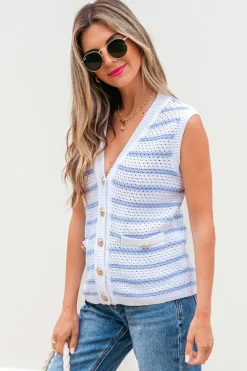 Discount Dear-Lover V Neck Gold Buttons Elegant Sweater Vest Sky Blue Stripe
