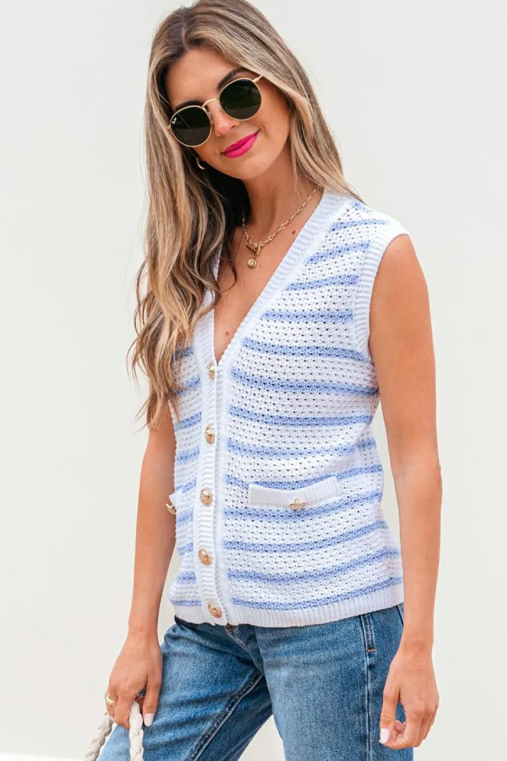 Discount Dear-Lover V Neck Gold Buttons Elegant Sweater Vest Sky Blue Stripe
