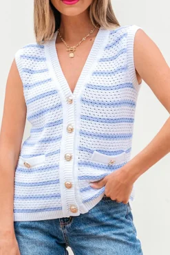 Discount Dear-Lover V Neck Gold Buttons Elegant Sweater Vest Sky Blue Stripe
